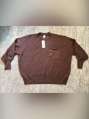 LCRRRN Women's Oversized Crewneck Pocket Sweater in Chocolate Brown S